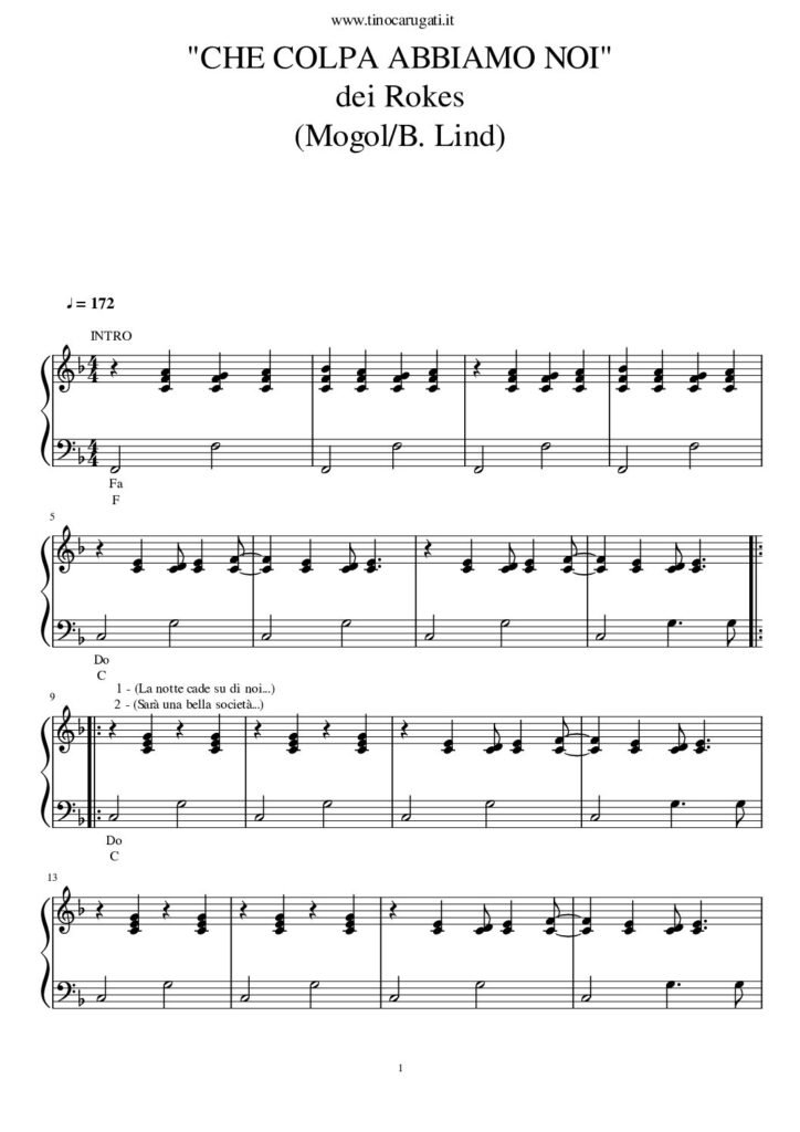 Spartito Pianoforte "CHE COLPA ABBIAMO NOI" Rokes