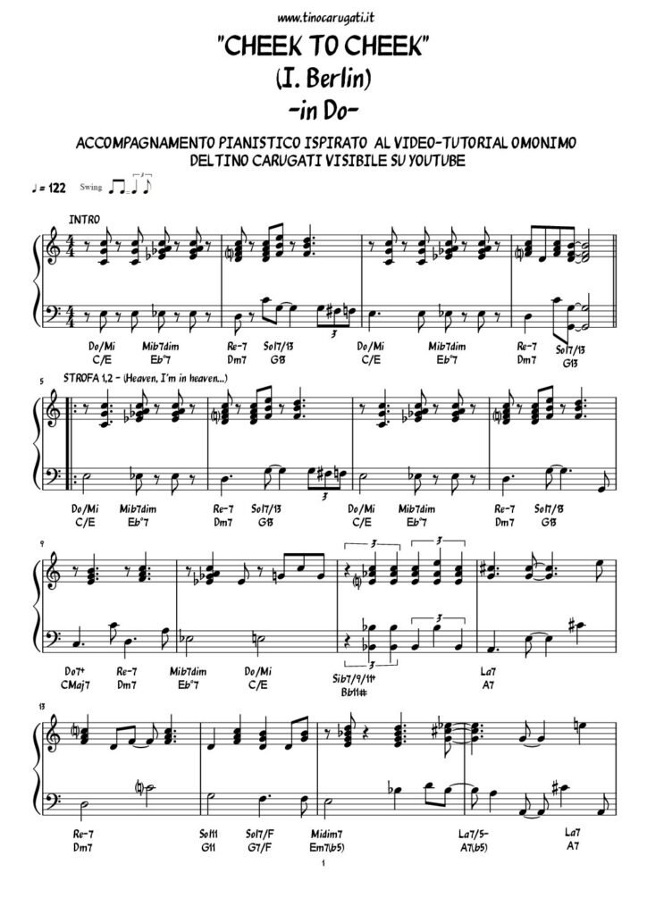 Spartito Pianoforte "CHEEK TO CHEEK" In Do