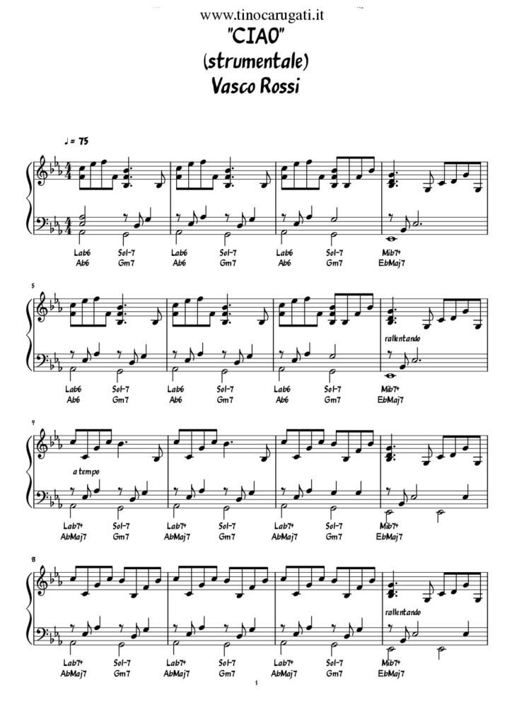 Spartito Pianoforte "CIAO" Vasco Rossi (strumentale)
