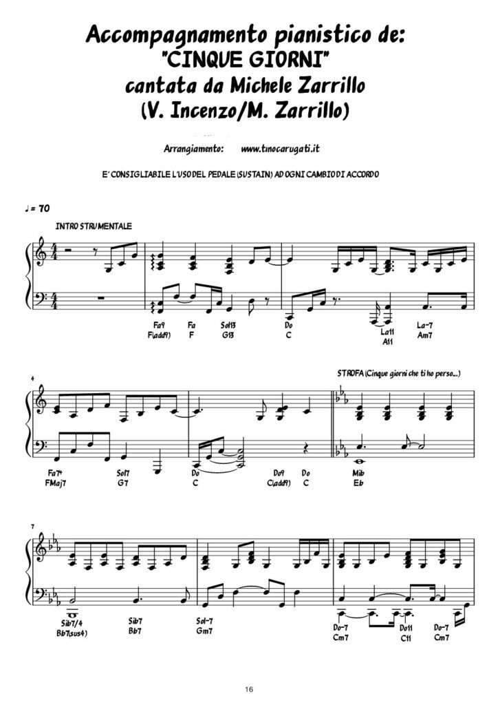Spartito Pianoforte "CINQUE GIORNI" Michele Zarrillo