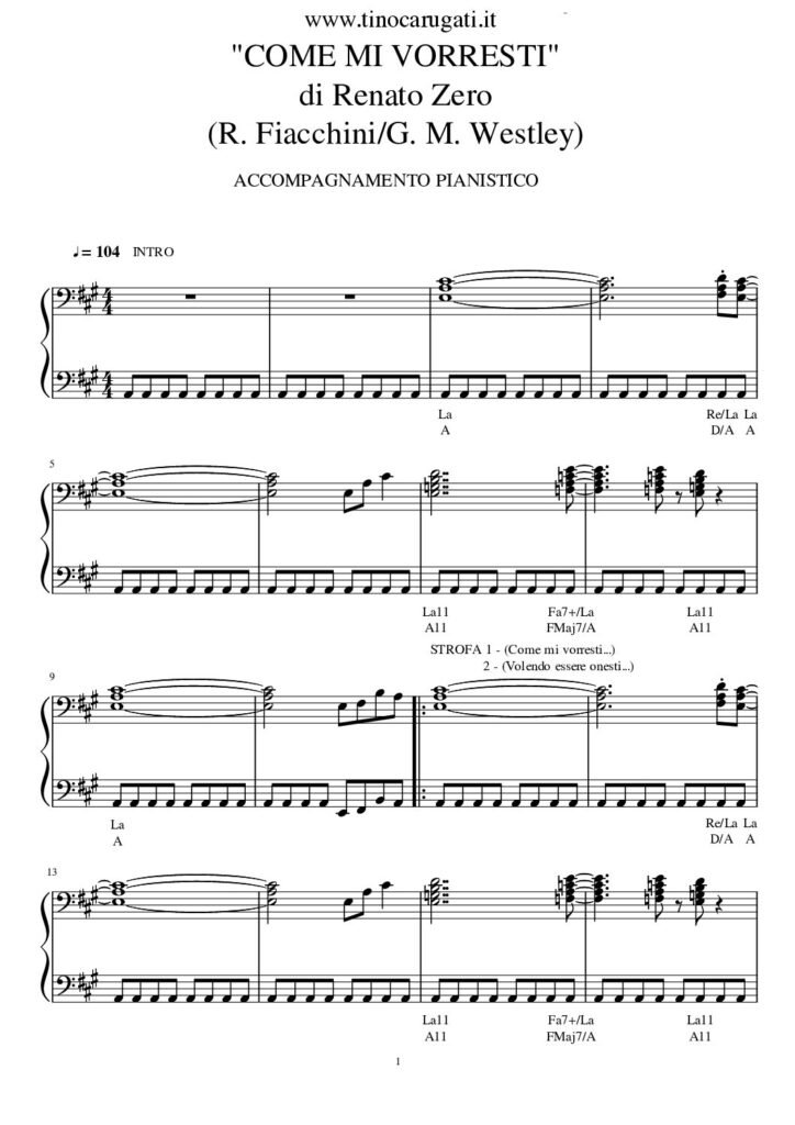 Spartito Pianoforte "COME MI VORRESTI" Renato Zero