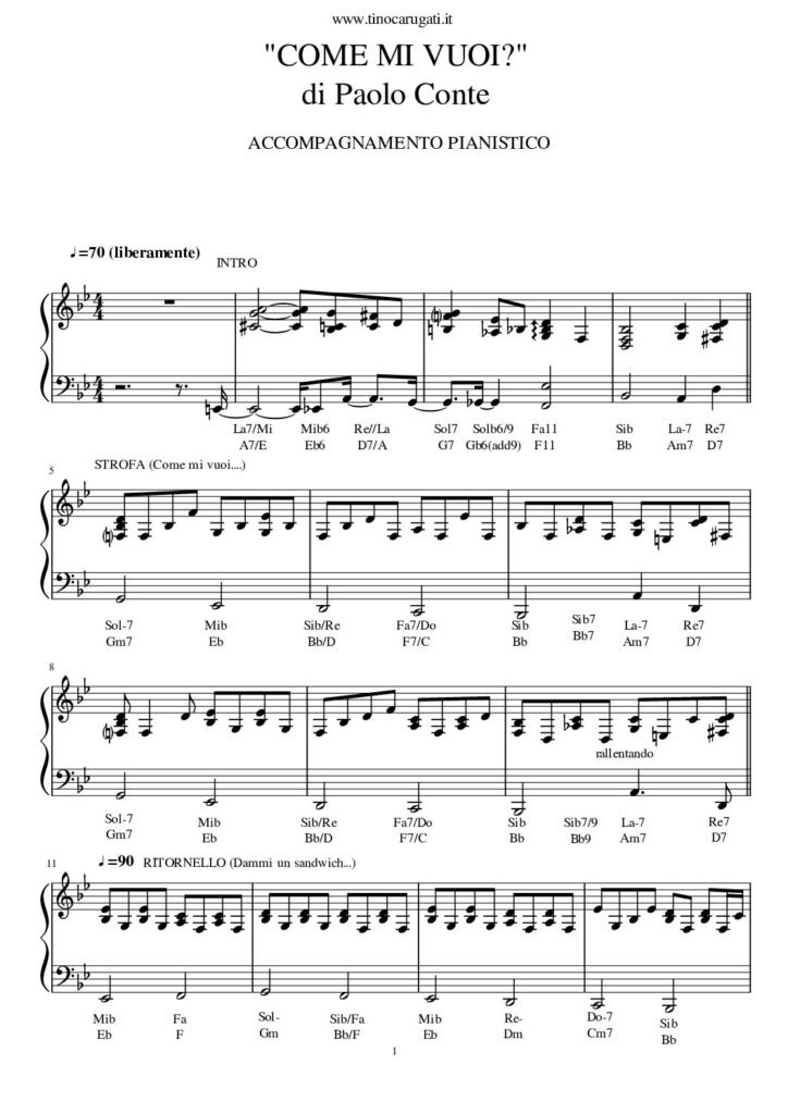 Spartito Pianoforte "COME MI VUOI" Paolo Conte