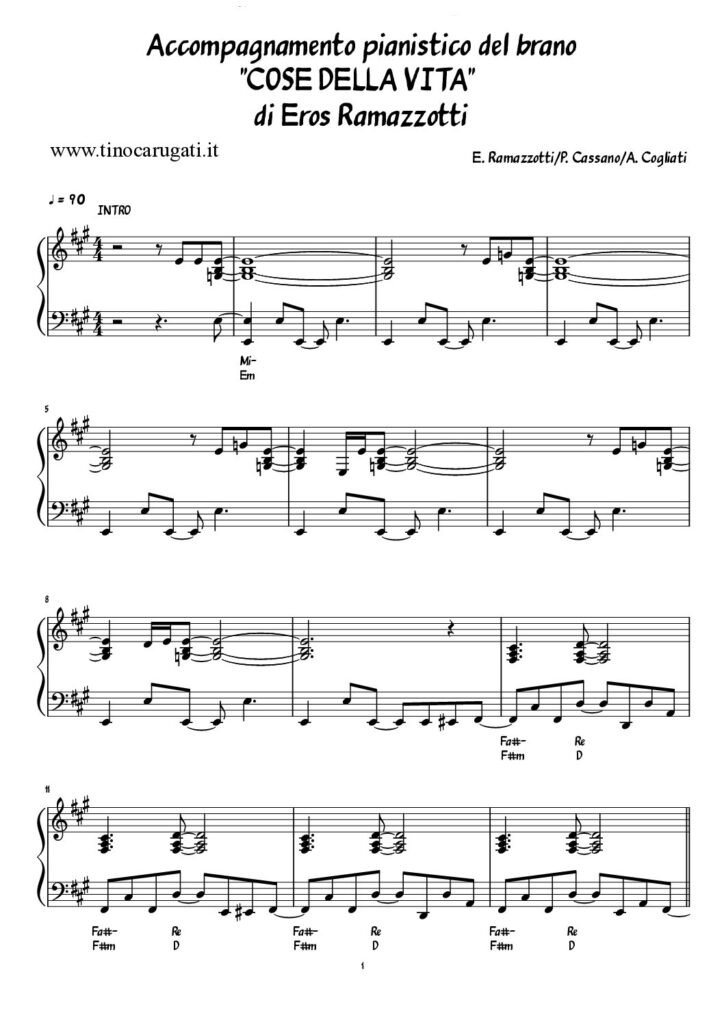 Spartito Pianoforte "COSE DELLA VITA" Eros Ramazzotti