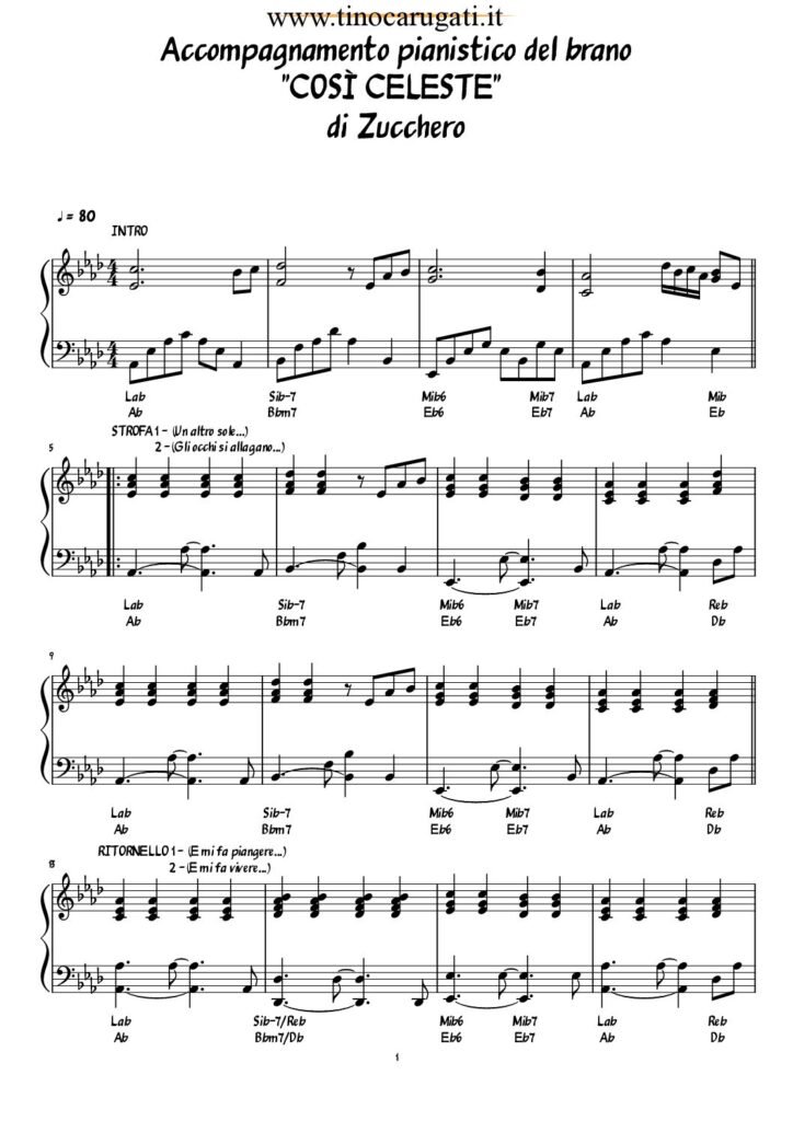 Spartito Pianoforte "COSI' CELESTE" Zucchero