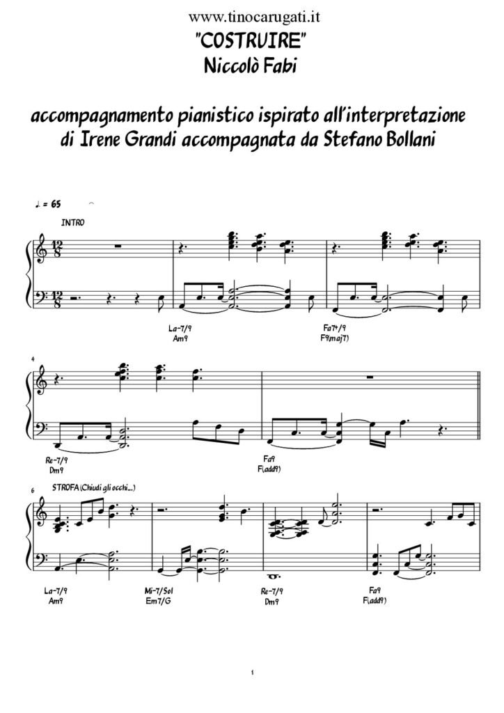 Spartito Pianoforte "COSTRUIRE" Niccolò Fabi