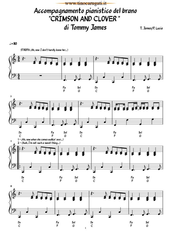 Spartito Pianoforte "CRIMSON AND CLOVER" Tommy James