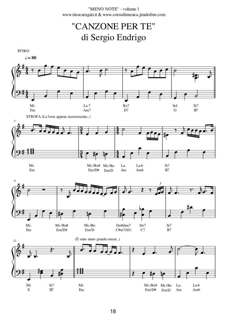 Spartito Pianoforte "CANZONE PER TE" Sergio Endrigo - In pianismo melodico facilitato