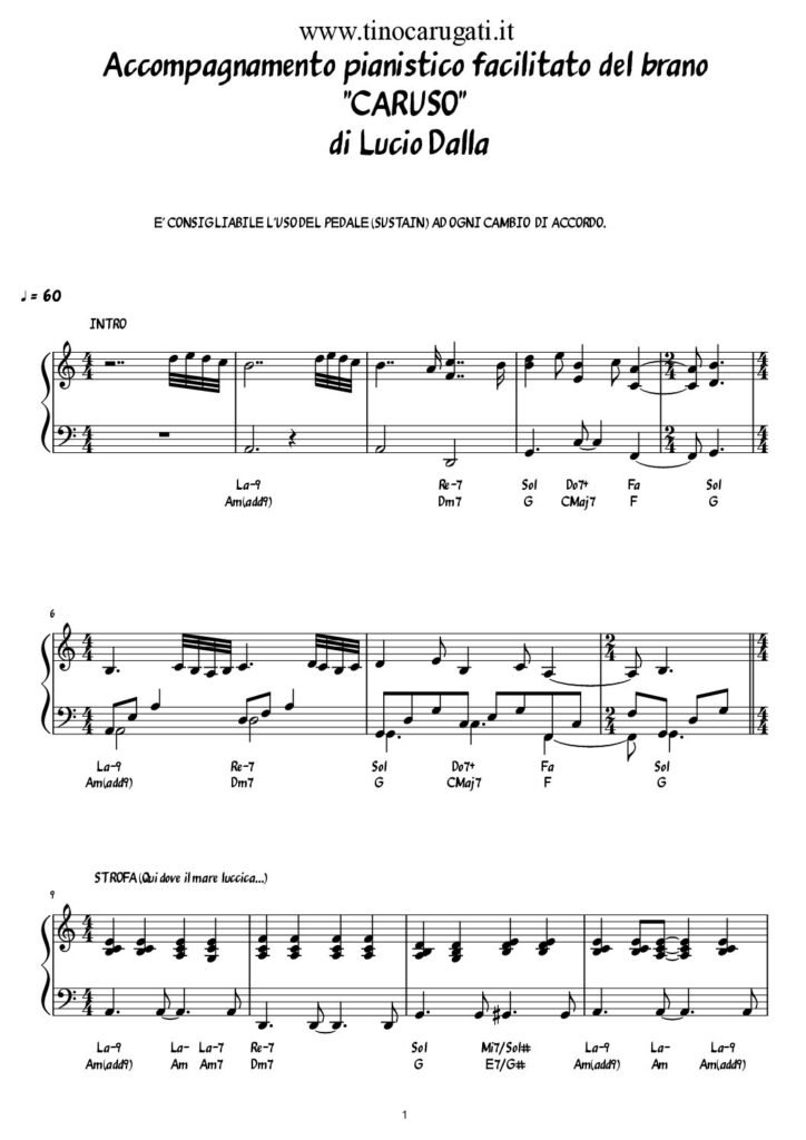Spartito Pianoforte "CARUSO" Lucio Dalla