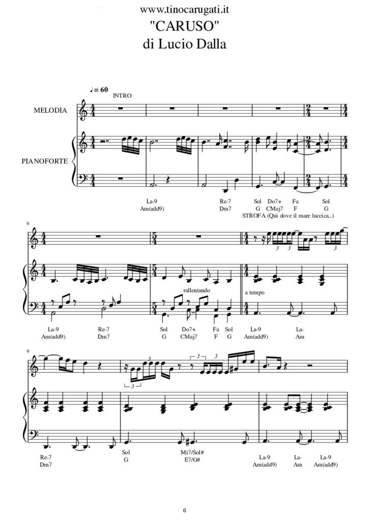 Spartito Pianoforte "CARUSO" Lucio Dalla - Accompagnamento + melodia