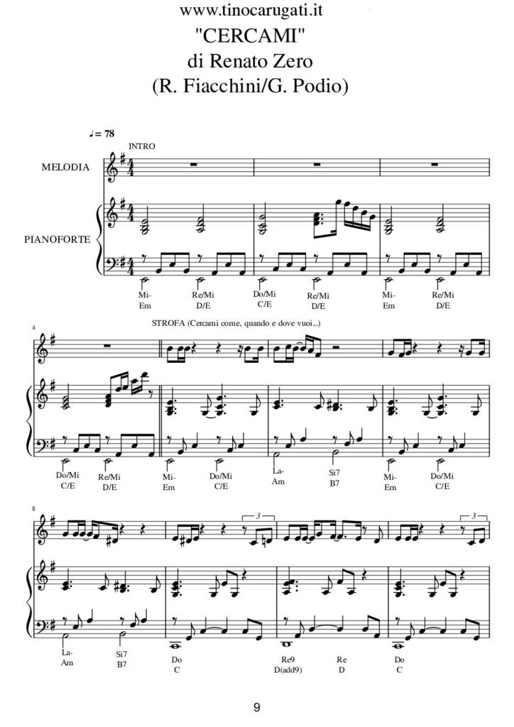 Spartito Pianoforte "CERCAMI" Renato Zero - Accompagnamento + melodia