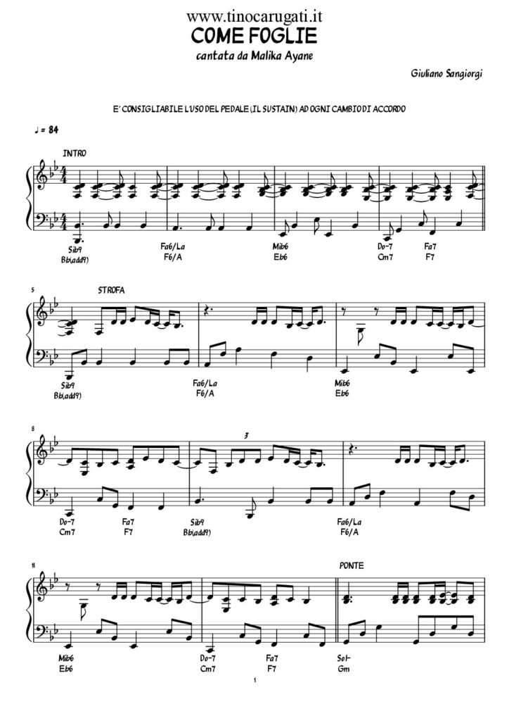 Spartito Pianoforte "Come foglie"  Malika Ayane - Pianismo melodico