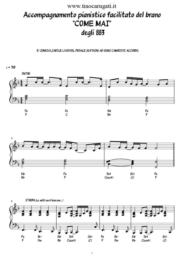 Spartito Pianoforte "COME MAI" Max Pezzali