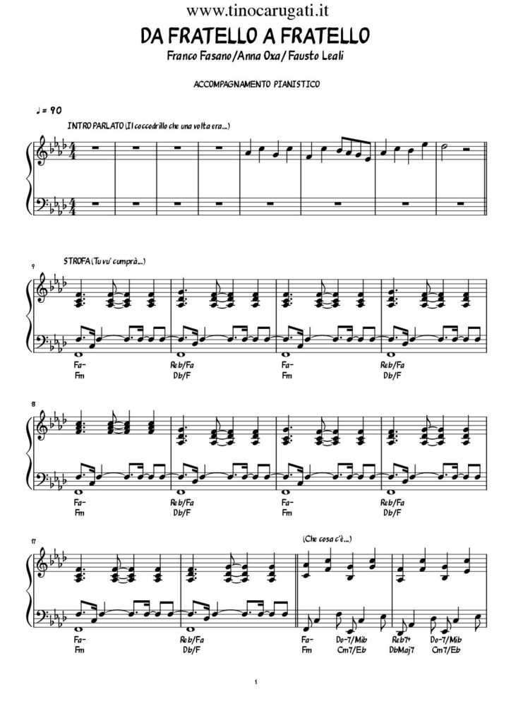 Spartito Pianoforte "DA FRATELLO A FRATELLO" Fasano/Oxa/Leali