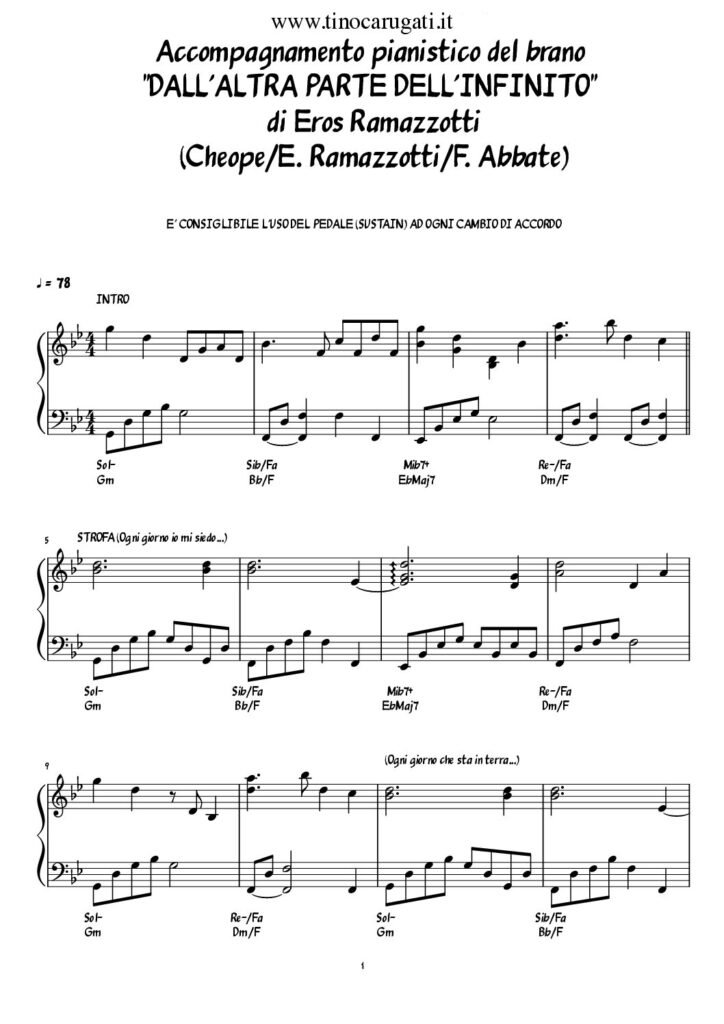 Spartito Pianoforte "DALL'ALTRA PARTE DELL'INFINITO" Eros Ramazzotti