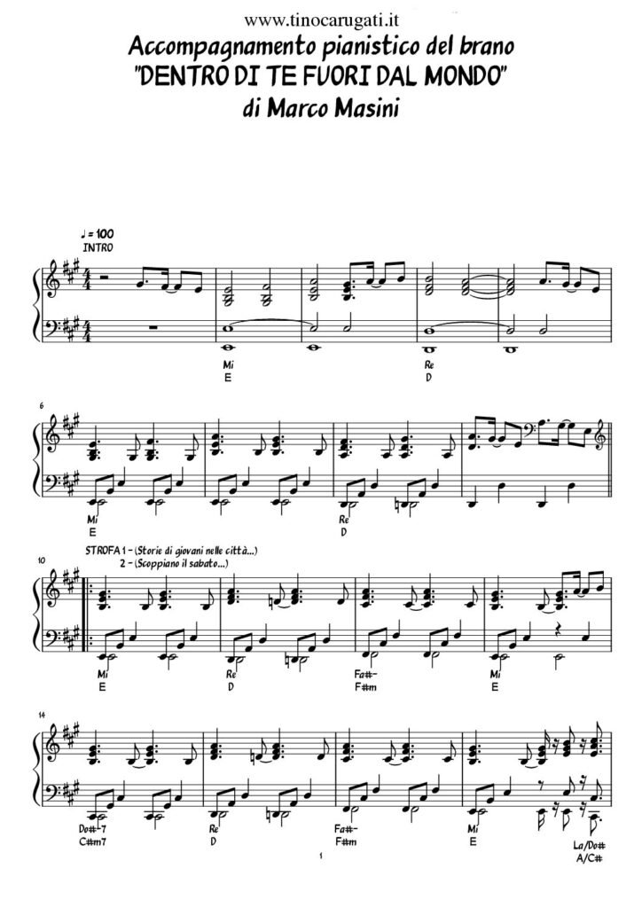 Spartito Pianoforte "DENTRO DI TE, FUORI DAL MONDO" Marco Masini