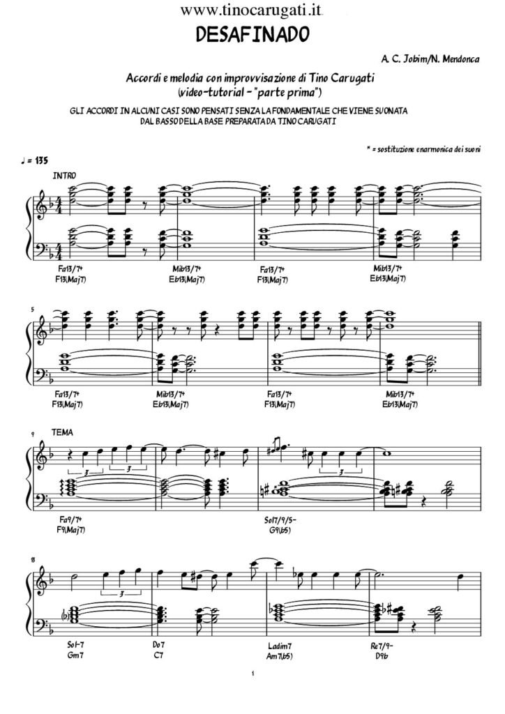 Spartito Pianoforte "DESAFINADO" Jobim - Latin Jazz Standard