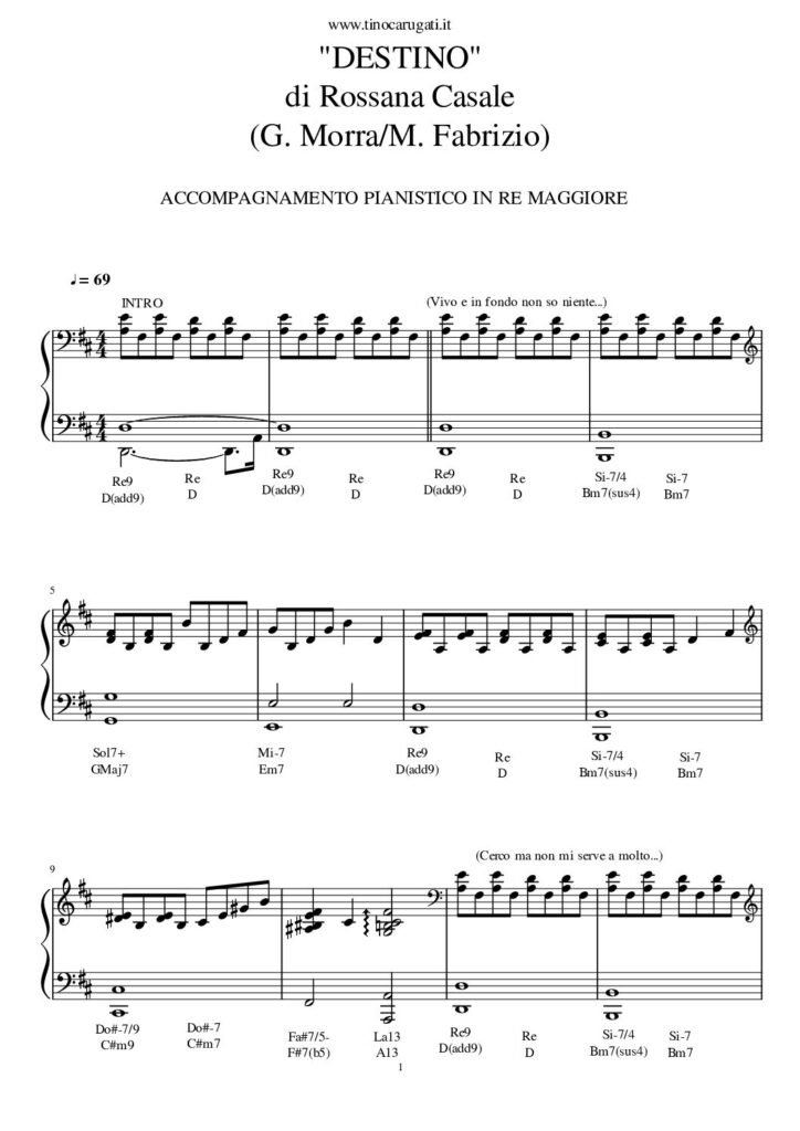 Spartito Pianoforte "DESTINO" Rossana Casale (in Re)