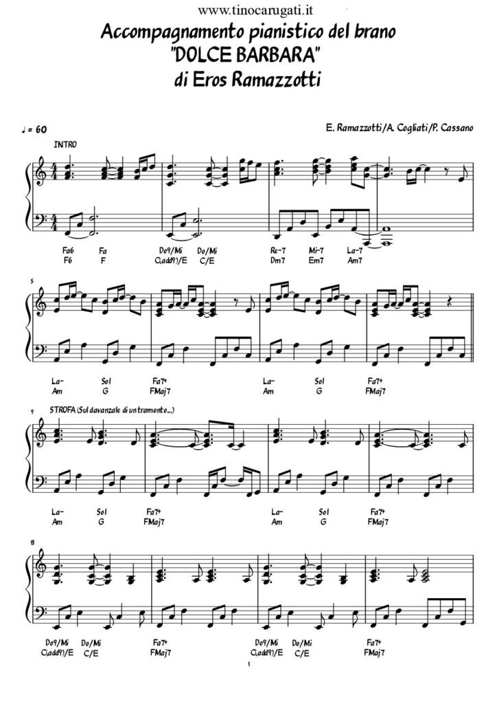 Spartito Pianoforte "DOLCE BARBARA" Eros Ramazzotti