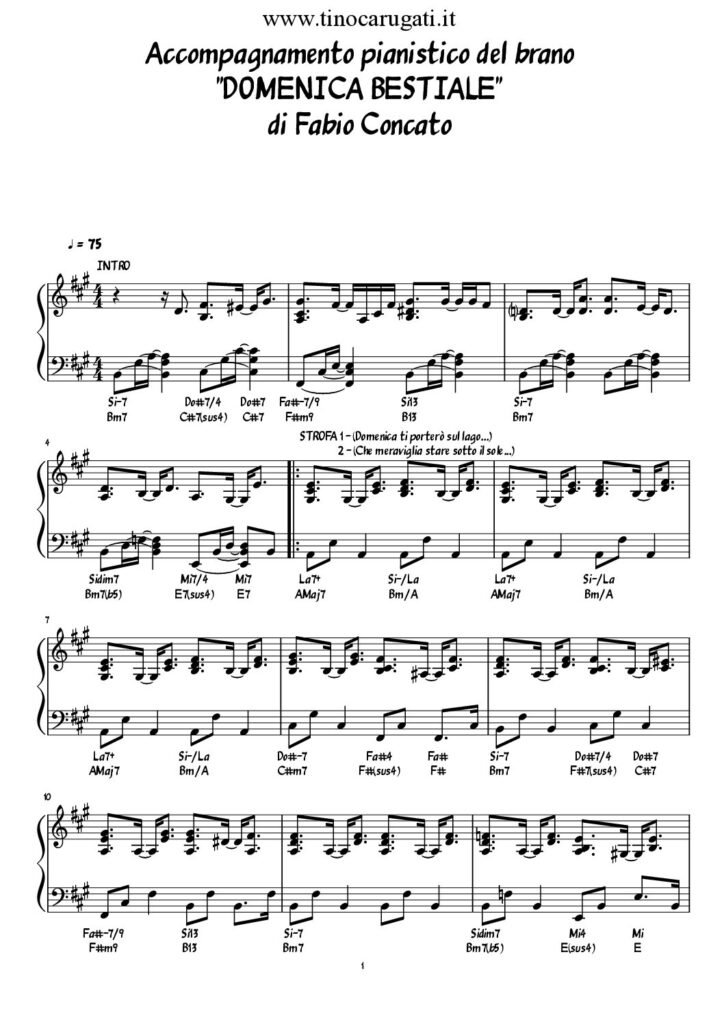 Spartito Pianoforte "DOMENICA BESTIALE" Fabio Concato