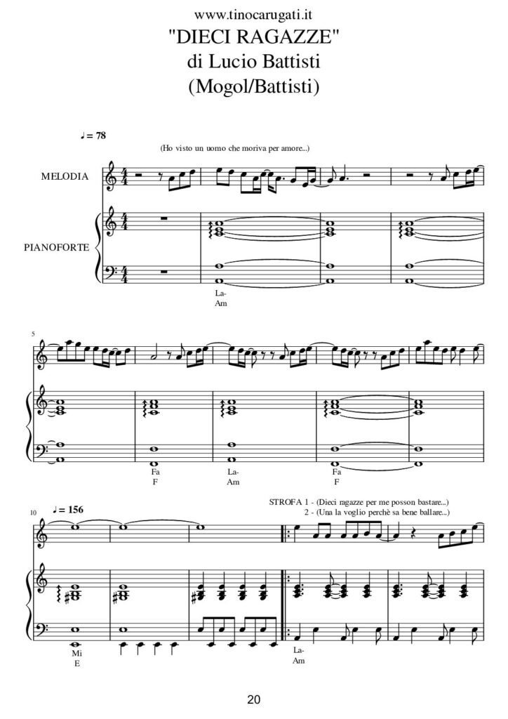 Spartito Pianoforte "DIECI RAGAZZE" Lucio Battisti - Accompagnamento + melodia