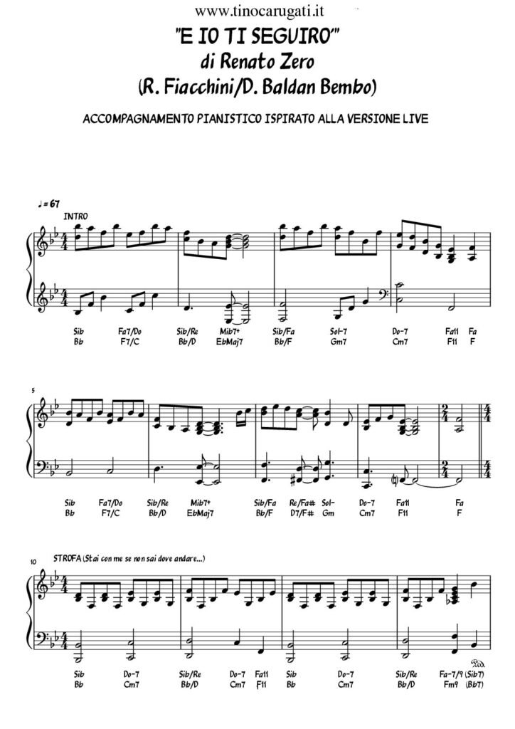 Spartito Pianoforte  "E IO TI SEGUIRO'"  Renato Zero
