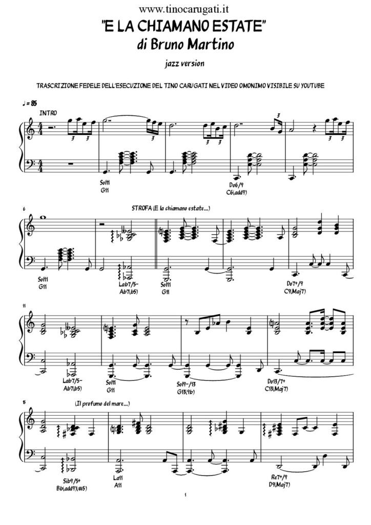 Spartito Pianoforte  "E LA CHIAMANO ESTATE"  Bruno Martino (Jazz version)