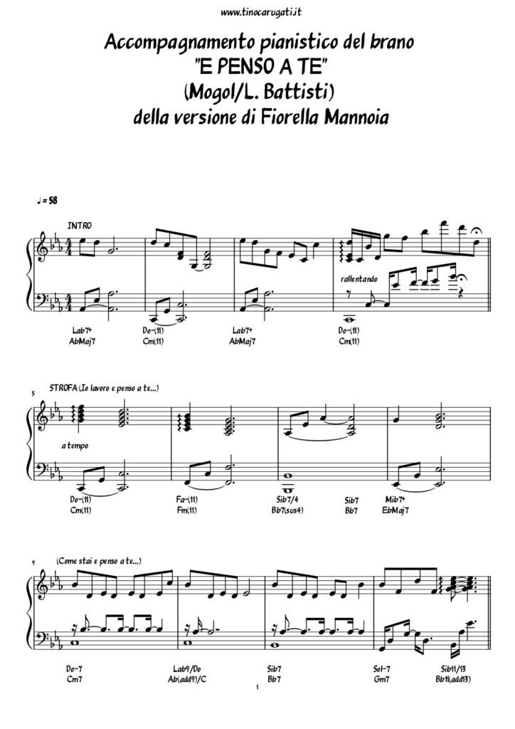 Spartito Pianoforte  "E PENSO A TE"  Fiorella Mannoia