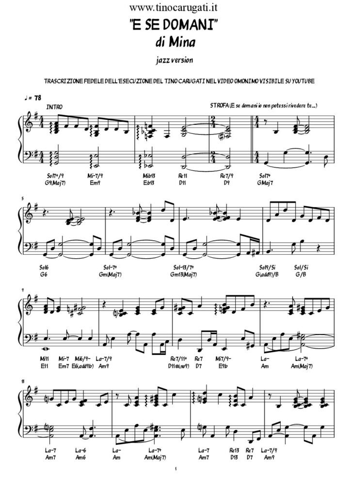 Spartito Pianoforte  "E SE DOMANI"   Mina (Jazz version)