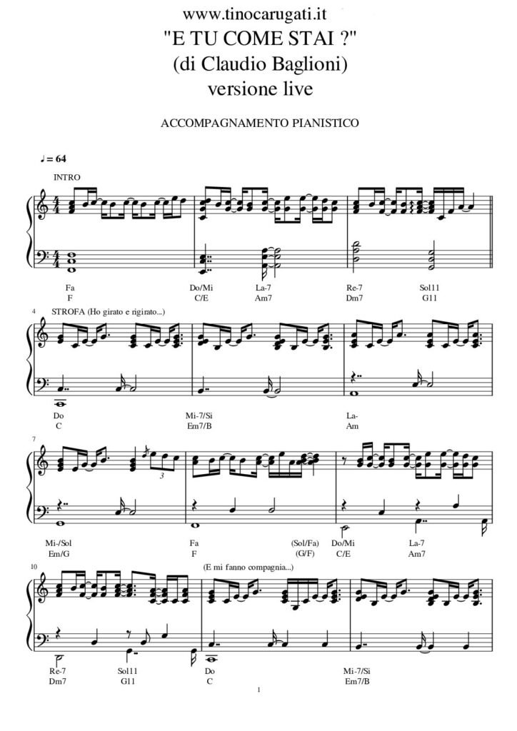Spartito Pianoforte "E TU COME STAI?" (live version) Claudio Baglioni