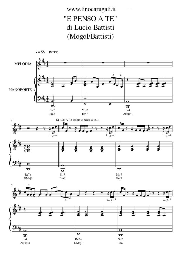 Spartito Pianoforte "E PENSO A TE" Lucio Battisti - Accompagnamento + melodia