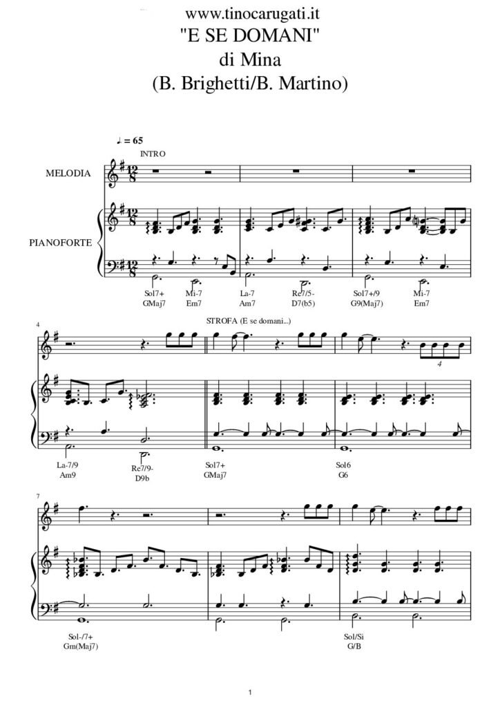 Spartito Pianoforte "E SE DOMANI" Mina - Accompagnamento + melodia
