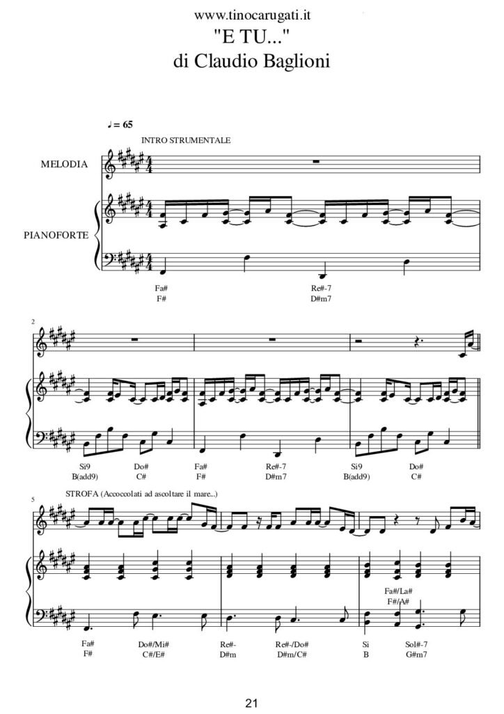 Spartito Pianoforte "E TU" Claudio Baglioni - Accompagnamento + melodia