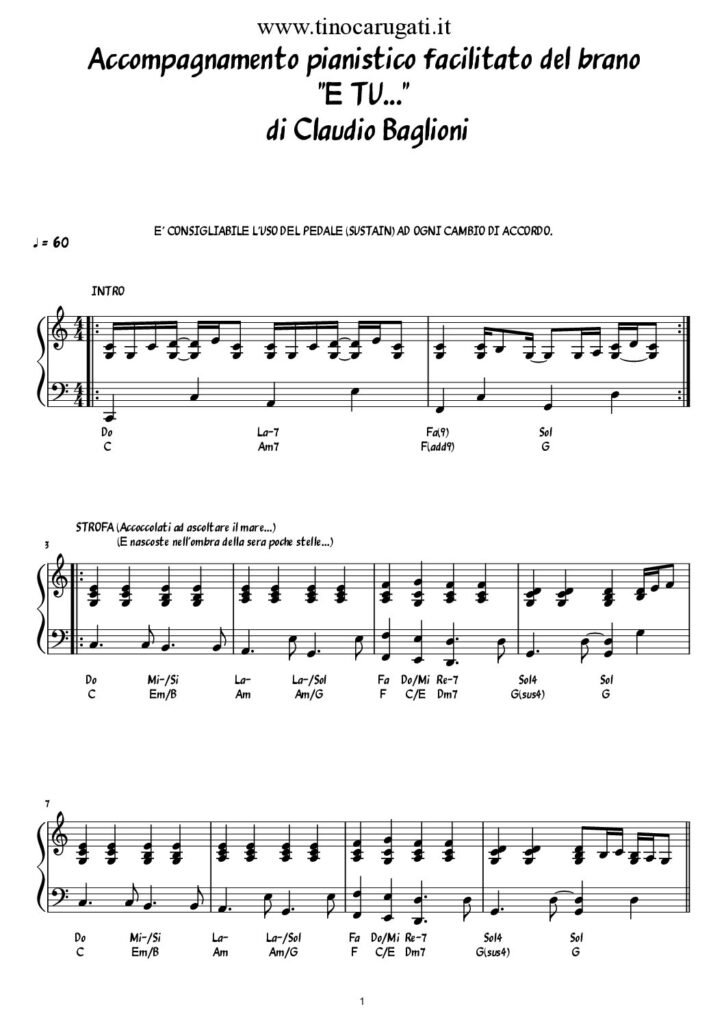 Spartito Pianoforte "E TU" Claudio Baglioni