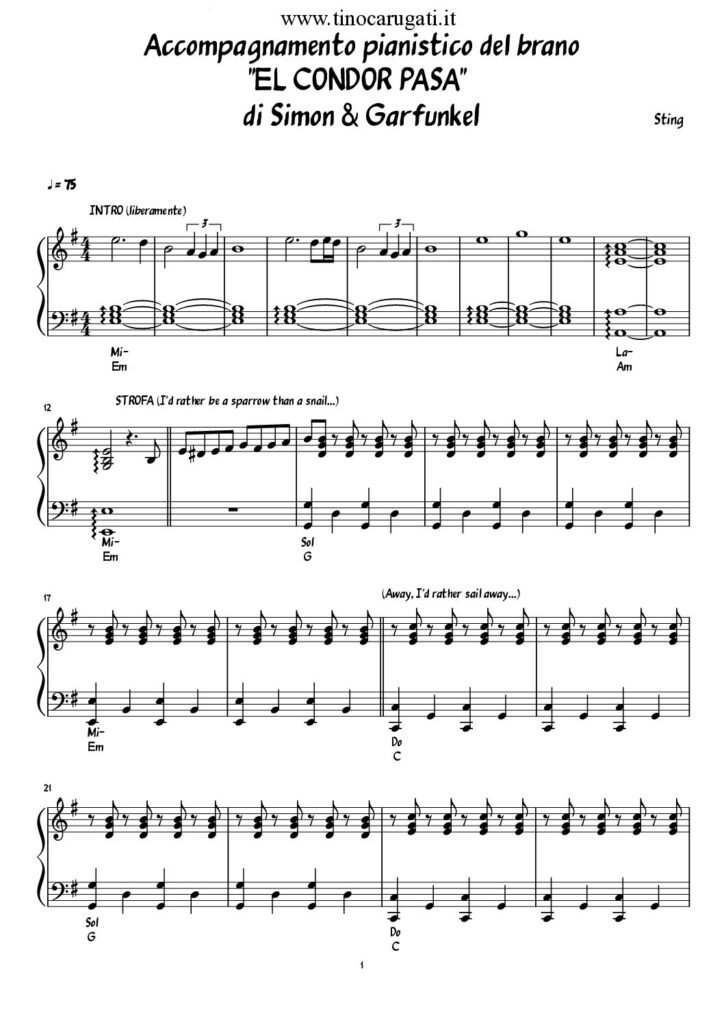 Spartito Pianoforte "EL CONDOR PASA" Simon & Garfunkel
