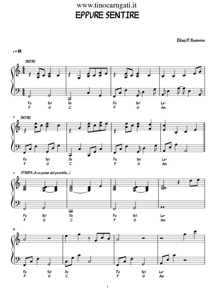 Spartito Pianoforte "EPPURE SENTIRE" Elisa
