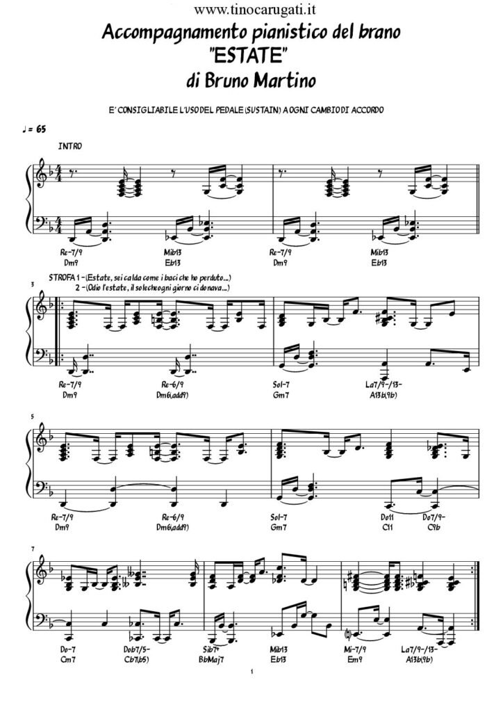 Spartito Pianoforte "ESTATE" Bruno Martino - Latin Jazz Standard