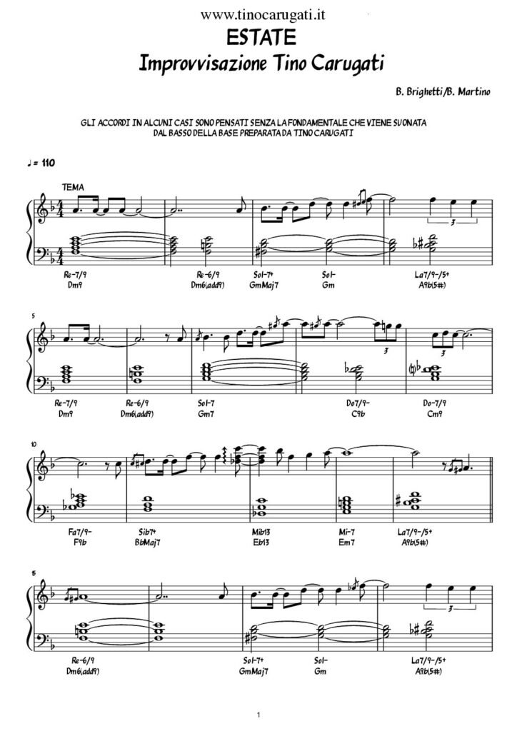 Spartito Pianoforte "ESTATE" Bruno Martino (Latin Jazz Standard impro)