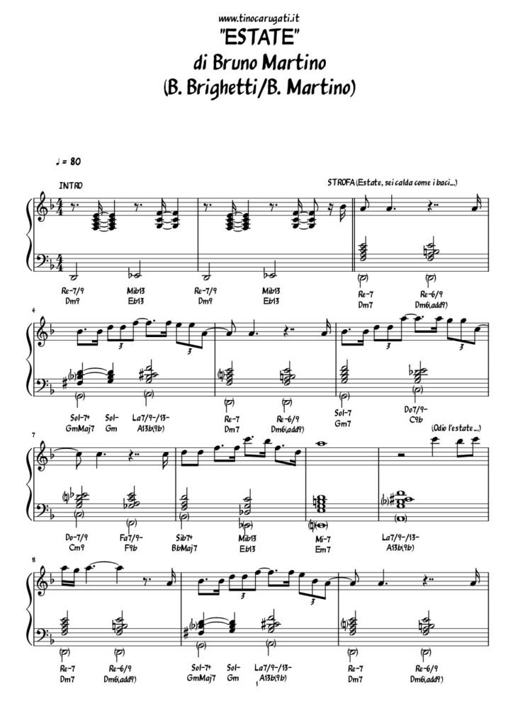 Spartito Pianoforte "ESTATE" Bruno Martino - Melodia + accordi