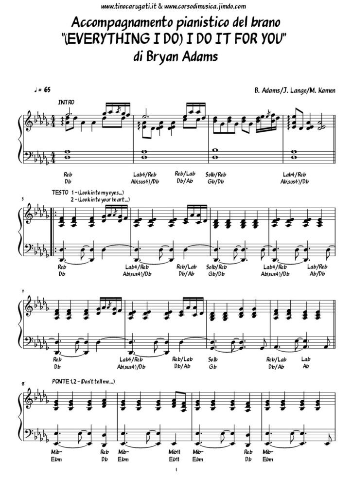 Spartito Pianoforte "EVERY THING I DO  (I DO IT FOR YOU)  Brian Adams