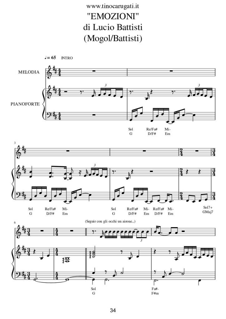 Spartito Pianoforte "Emozioni" Lucio Battisti - Accompagnamento + melodia