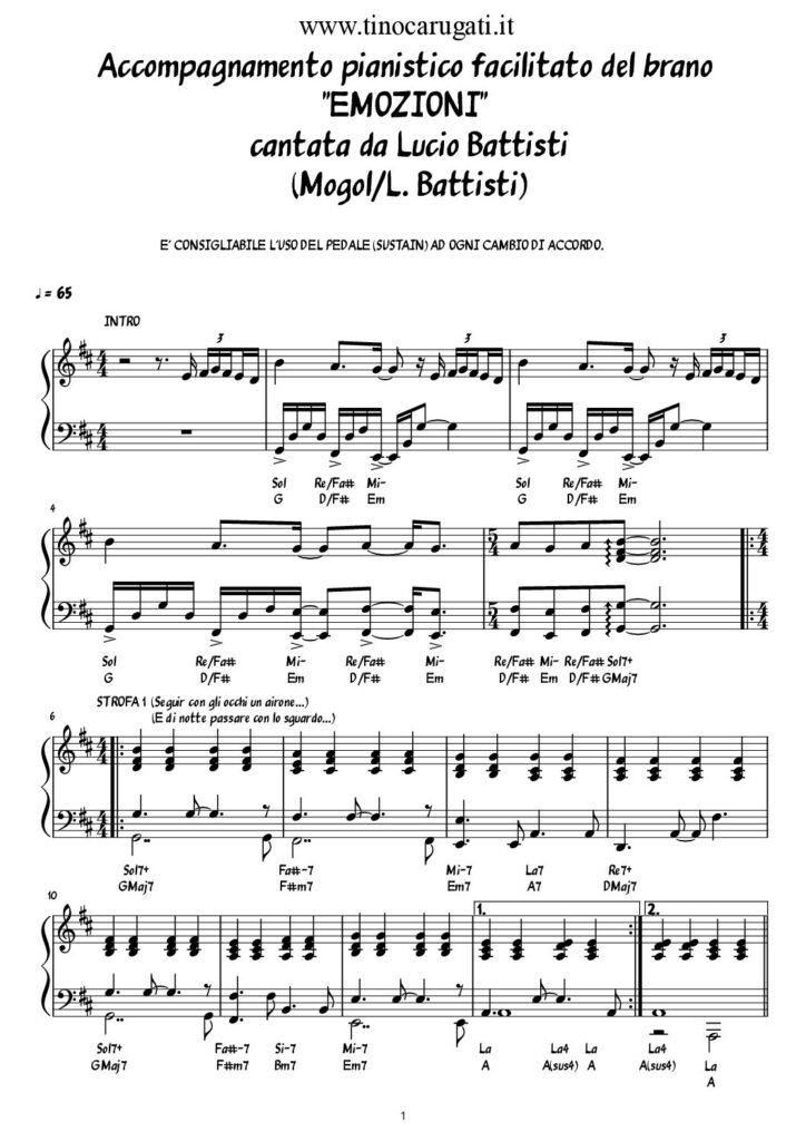 Spartito Pianoforte "EMOZIONI" Lucio Battisti
