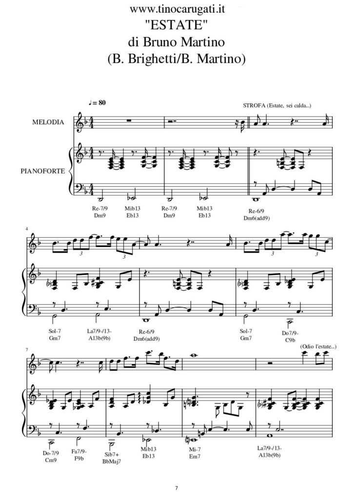 Spartito Pianoforte "ESTATE" Bruno Martino (Latin Jazz Standard) Accompagnamento + melodia