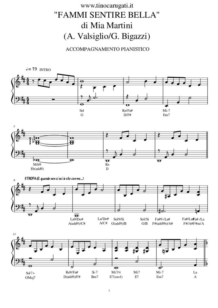 Spartito Pianoforte "FAMMI SENTIRE BELLA" Mia Martini