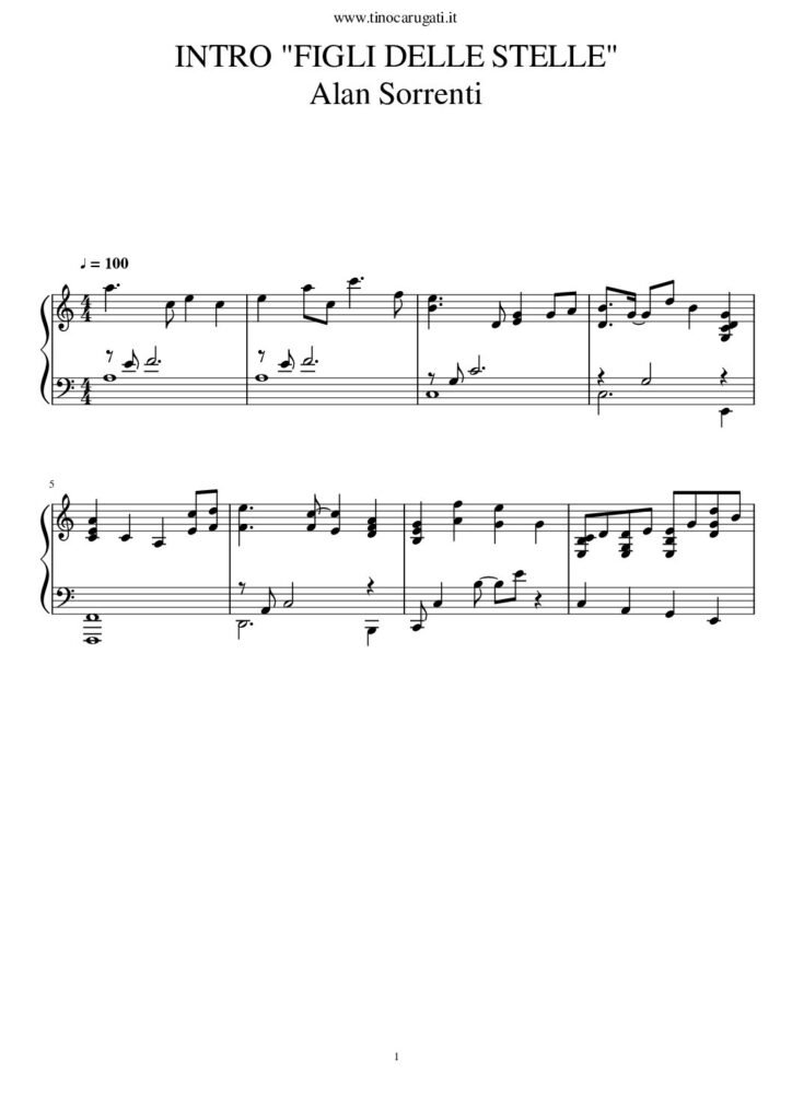 Spartito Pianoforte "FIGLI DELLE DELLE STELLE" Alan Sorrenti (solo intro piano in Do)