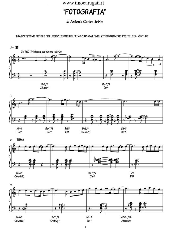 Spartito Pianoforte "FOTOGRAFIA" Jobim - Latin Jazz Standard