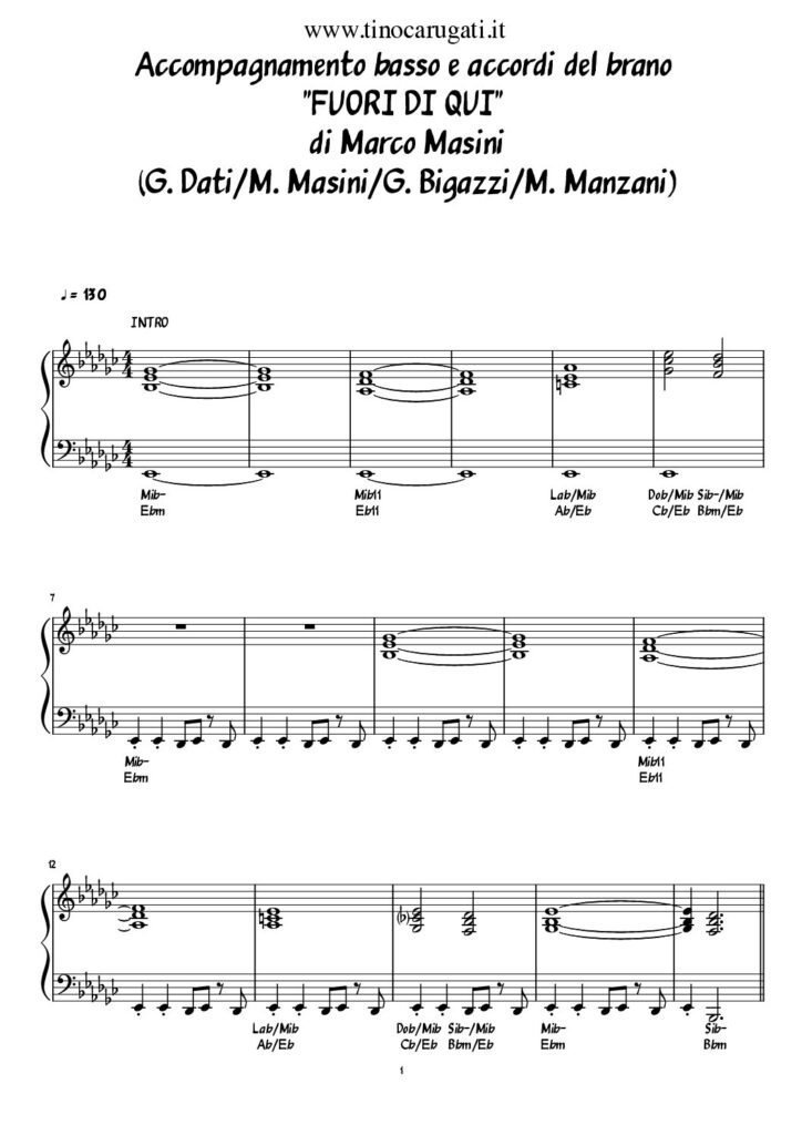Spartito Pianoforte "FUORI DI QUI" Marco Masini - Basso e accordi
