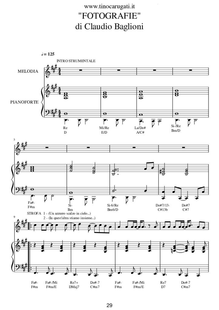 Spartito Pianoforte "FOTOGRAFIE" Claudio Baglioni - Accompagnamento + melodia