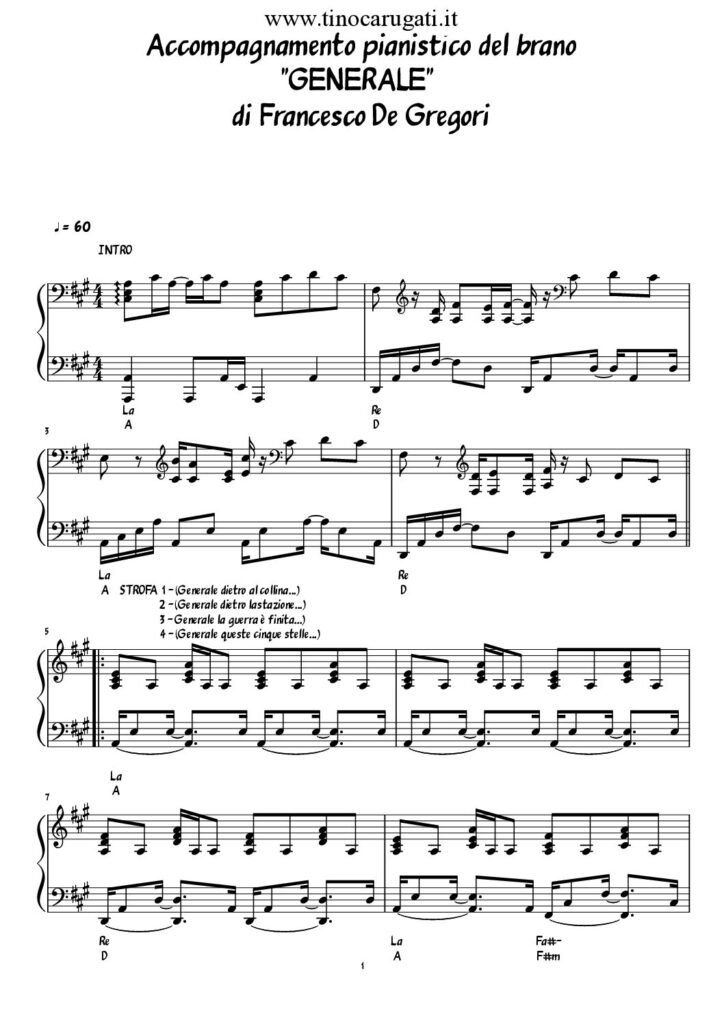 Spartito Pianoforte "GENERALE" Francesco De Gregori