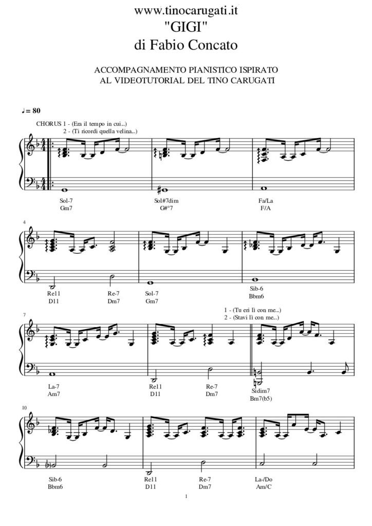 Spartito Pianoforte "GIGI" Fabio Concato