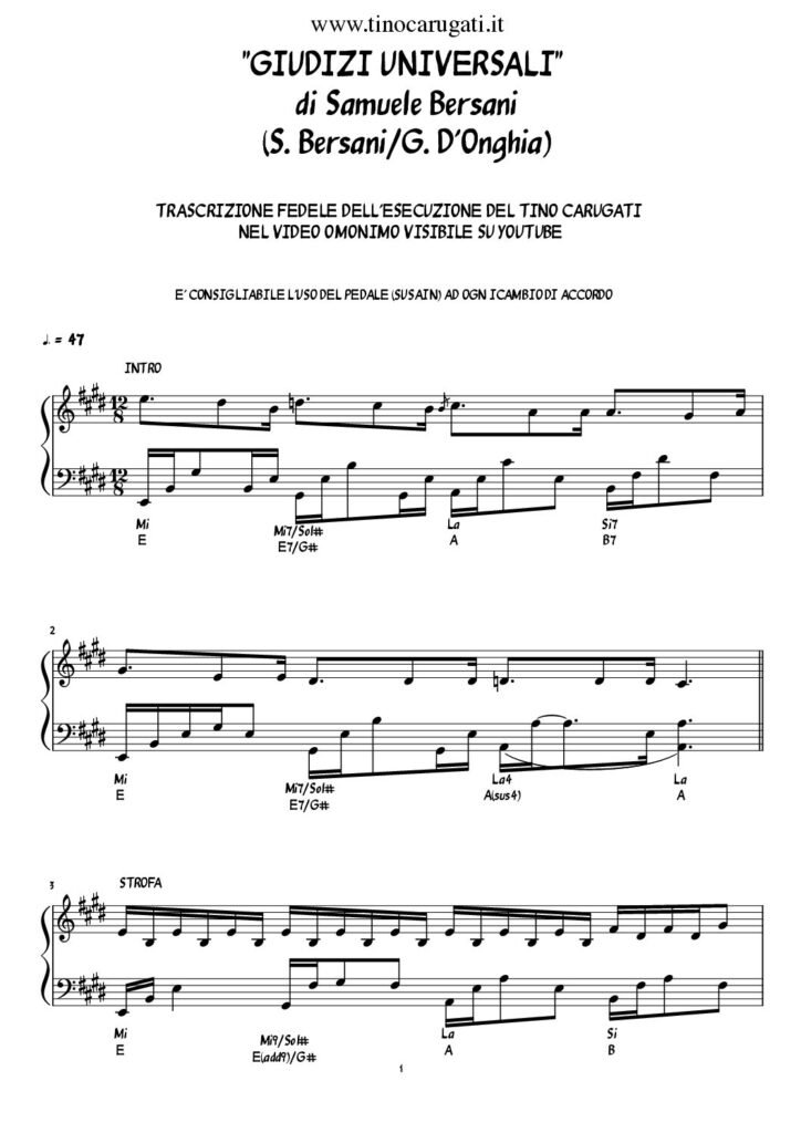Spartito Pianoforte "GIUDIZI UNIVERSALI" Samuele Bersani (Trascrizione fedele dell'esecuzione strumentale)